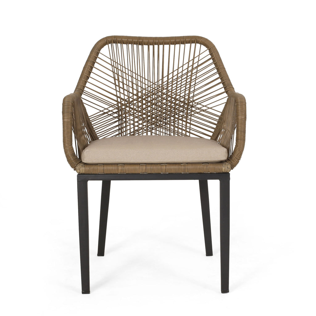 Modern Wicker Dining Club Chair With Water Resistant Cushions - Brown / Beige