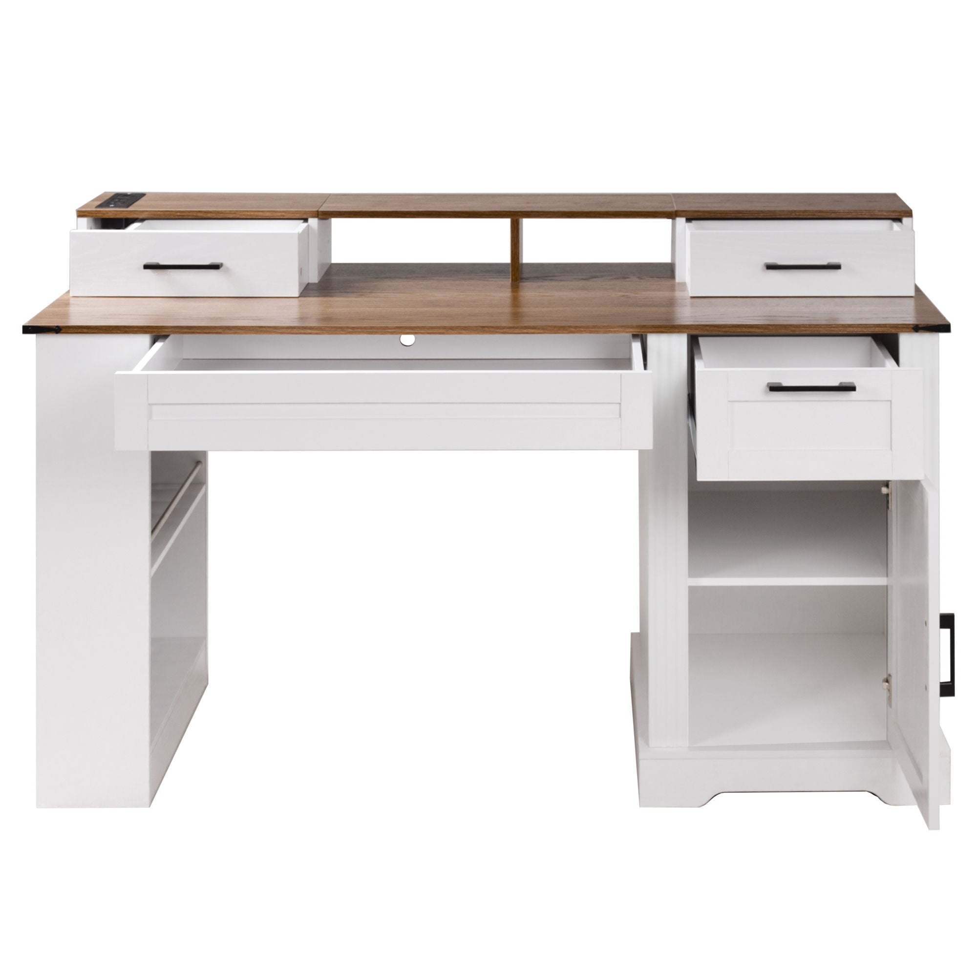 Office Desk With Storage Cabinet, Charging Station, Monitor Stand & Pegboard