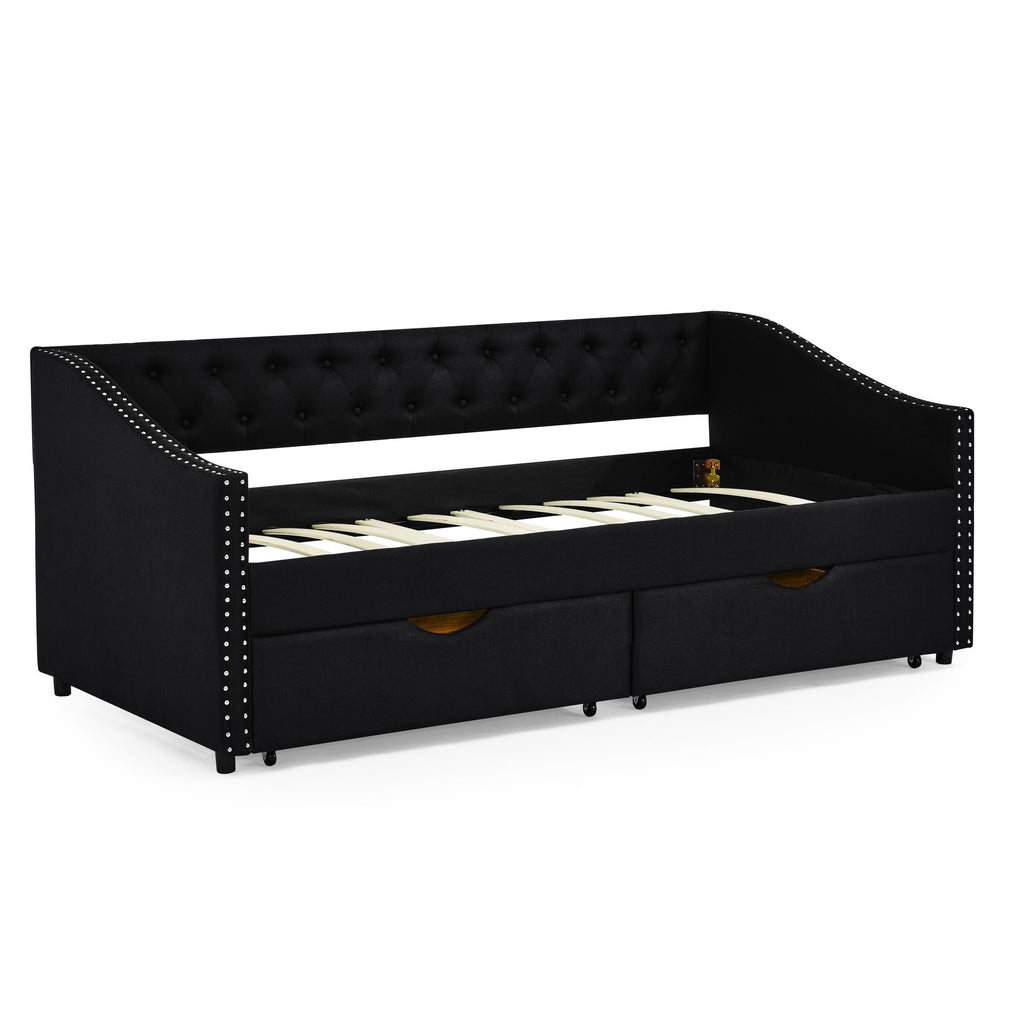 Upholstered Tufted Daybed With 2 Drawers, Waved Arms