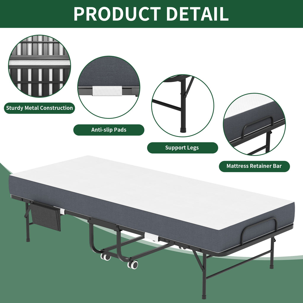 Twin Folding Bed With Memory Foam Mattress, On Wheels, Portable Bed For Adults & Guests - Black