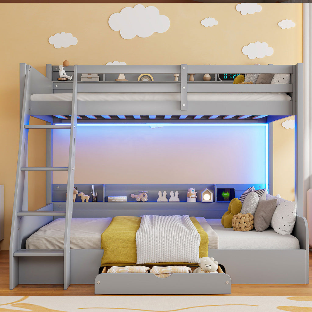 Bunk Bed With Storage Shelves, LED Lighting, Charging Station And Drawer