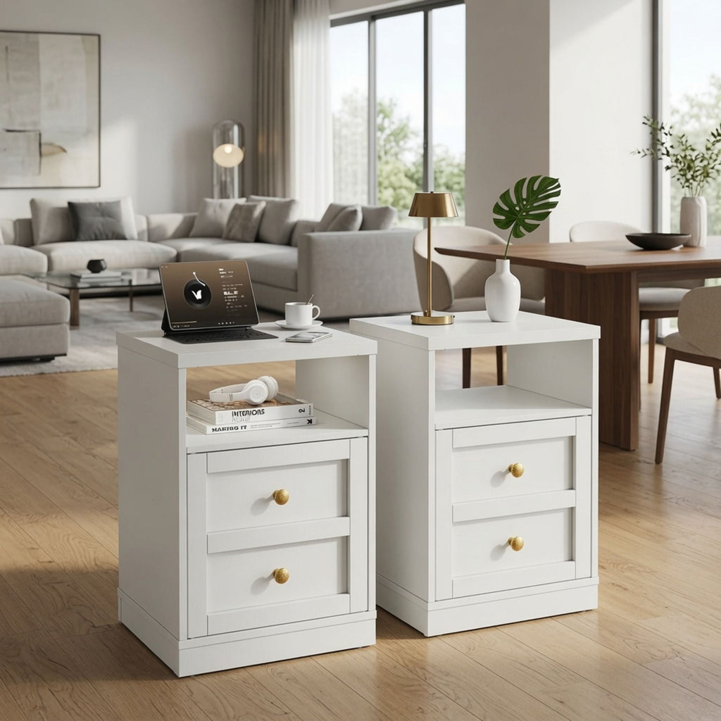 Nightstand With Door & Shelf, 2 Drawer Side Table