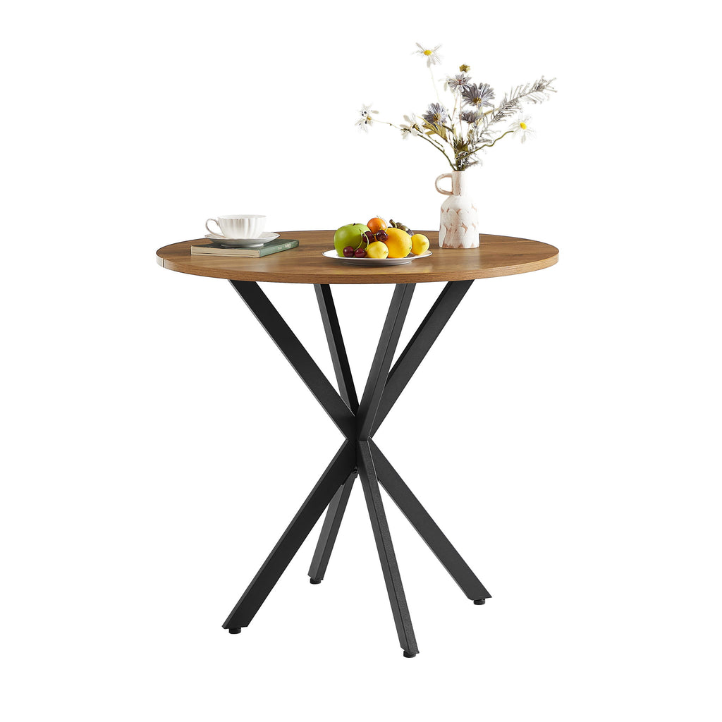 Vintage Round Dining Table With Metal Legs For 2 - 4 People, Wood Top - Brown