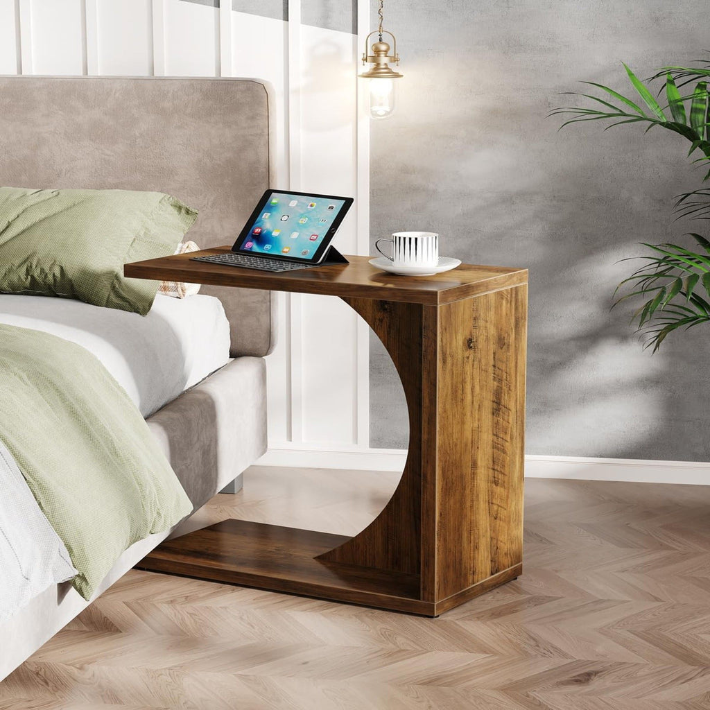 C - Shaped End Table For Couch - Rustic Brown