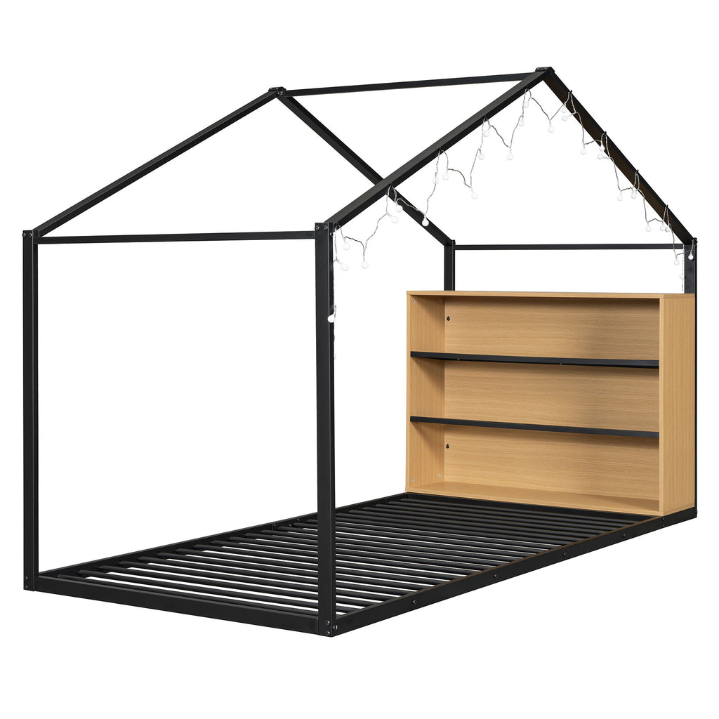 Bed House Frame With Shelves And Lights