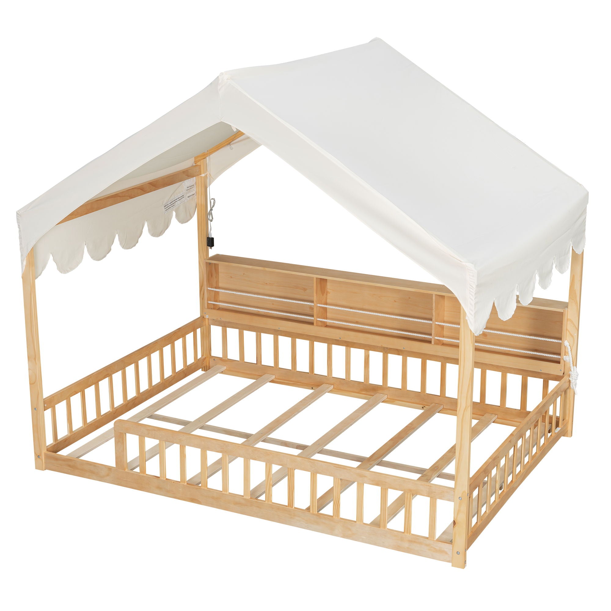House Shaped Floor Bed With Fense, 3 Storage Bookshelves, Curtain And LED Light