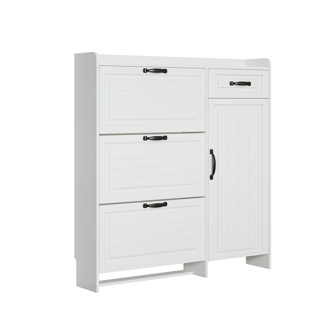 Shoe Cabinet With 4 Doors 1 Drawers, PVC Door With Shape, Large Space For Storage - White