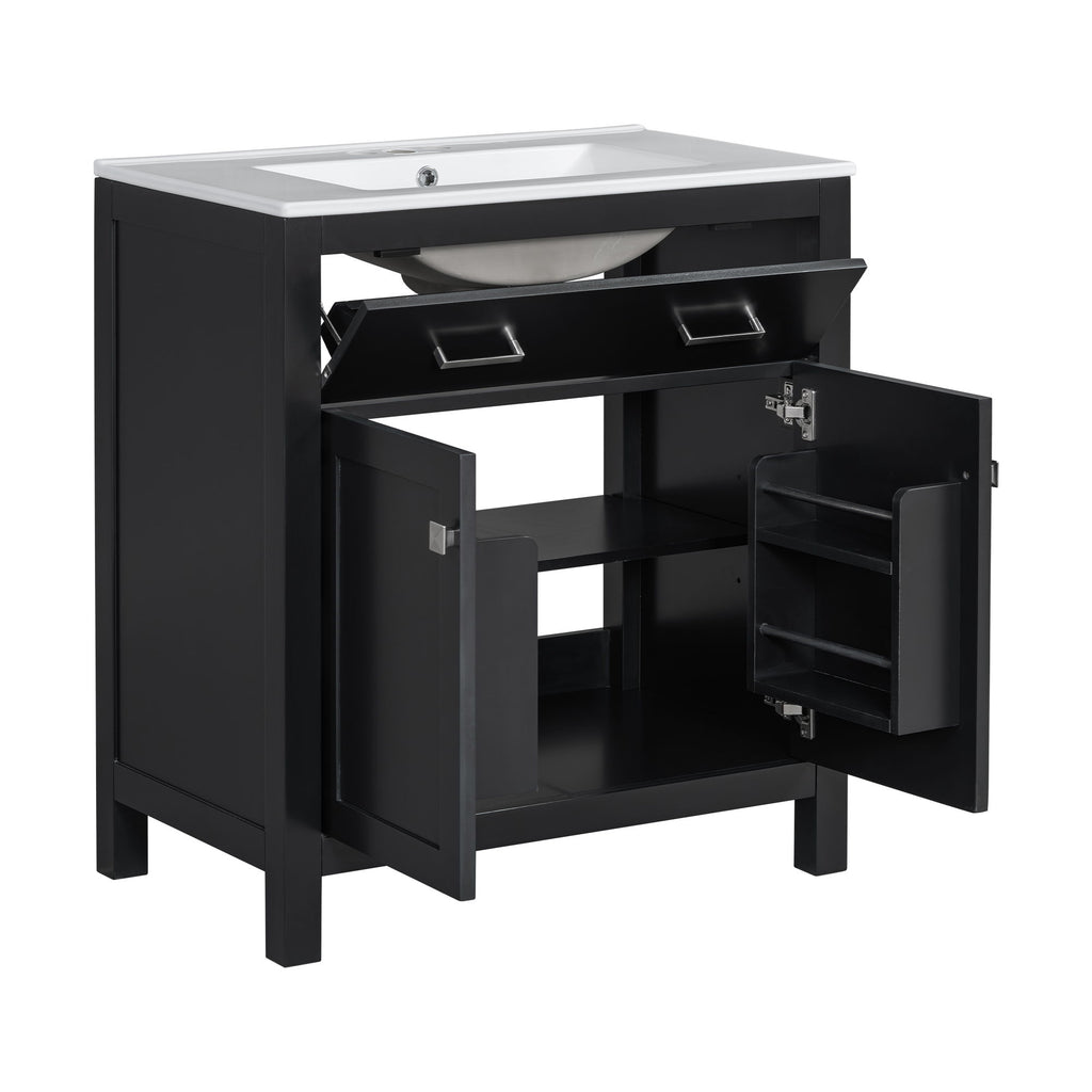 Bathroom Vanity With Ceramic Sink, Modern Single Bathroom Cabinet With 2 Doors And A Shelf, Soft Close Doors