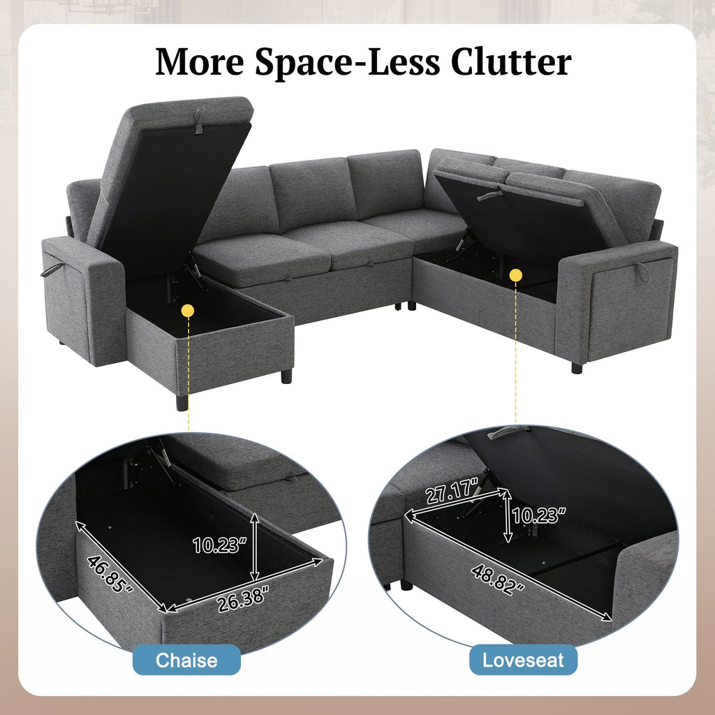 U - Shaped Convertible Sectional Sofa Bed With Storage, USB Charger & Cup Holders