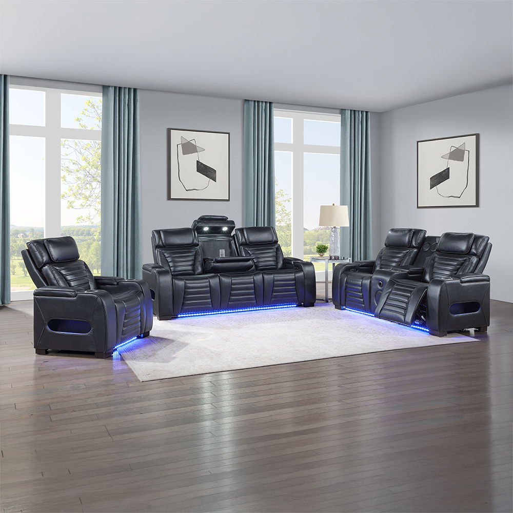 Ephron - Power Motion Sofa With Dropdown Table, Wireless Charging, Reading Light, Power Headrests & LED - Black