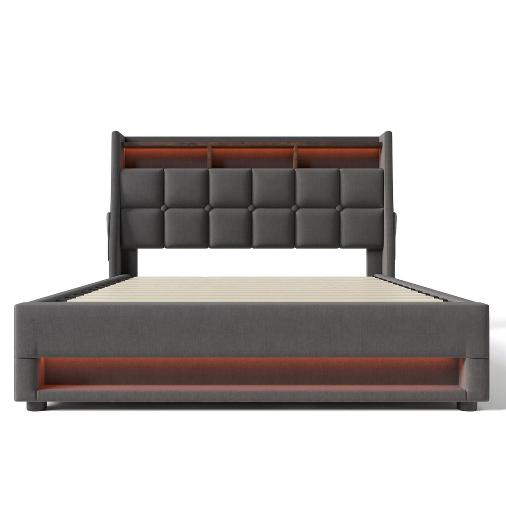 Platform Bed With Hydraulic Storage, LED Lighting & Charging Station