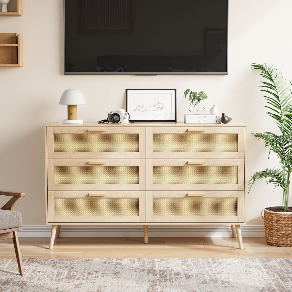 Rattan 6 Drawers Chest Of Dressers For Bedroom, Modern 6 Drawer Dresser, Wide Chest Of Drawers With Wood Handles, Rattan Dresser Storage Cabinet For Living Room, Bedroom, Hallway - Natural Wood / Oak