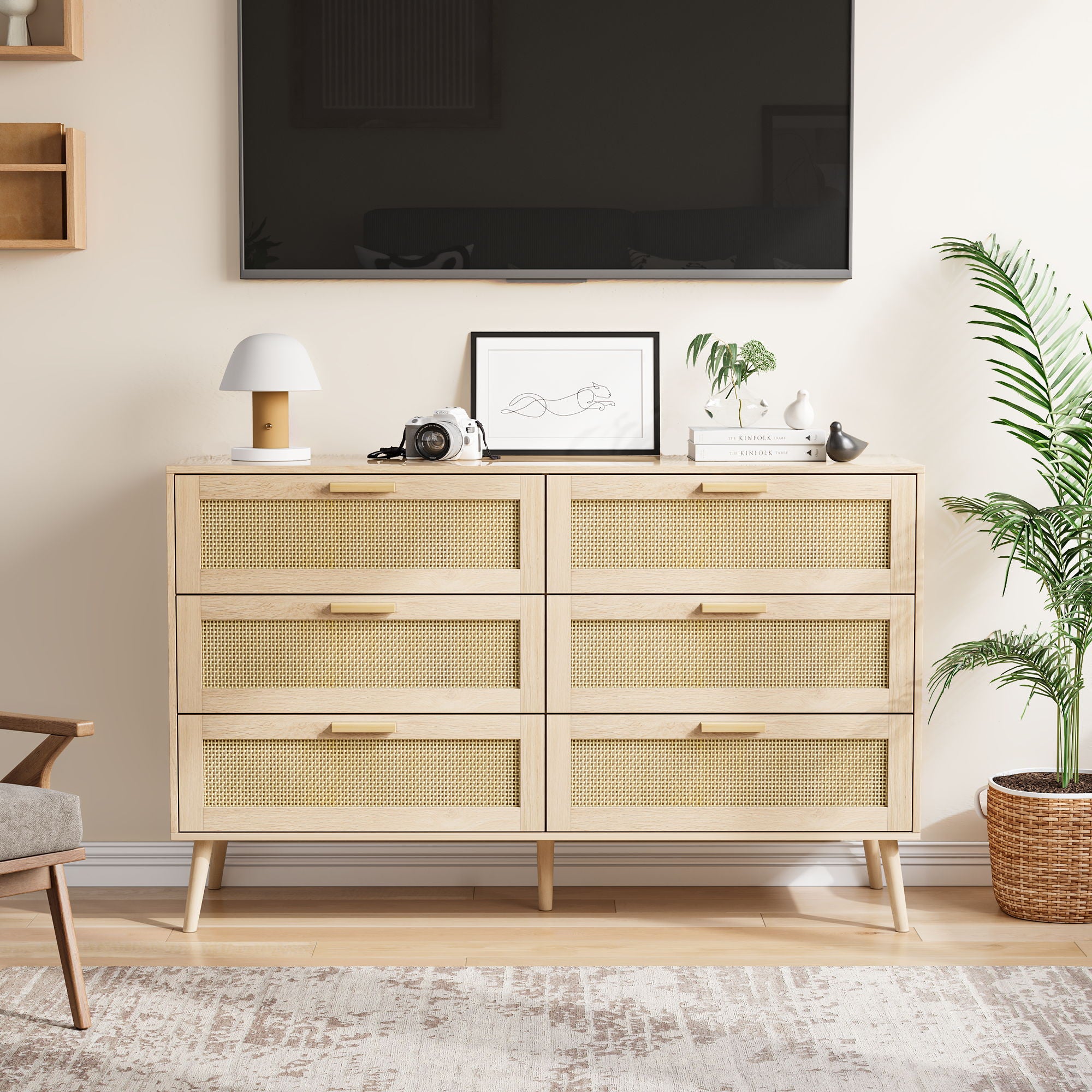 Rattan 6 Drawers Chest Of Dressers For Bedroom, Modern 6 Drawer Dresser, Wide Chest Of Drawers With Wood Handles, Rattan Dresser Storage Cabinet For Living Room, Bedroom, Hallway - Natural Wood / Oak
