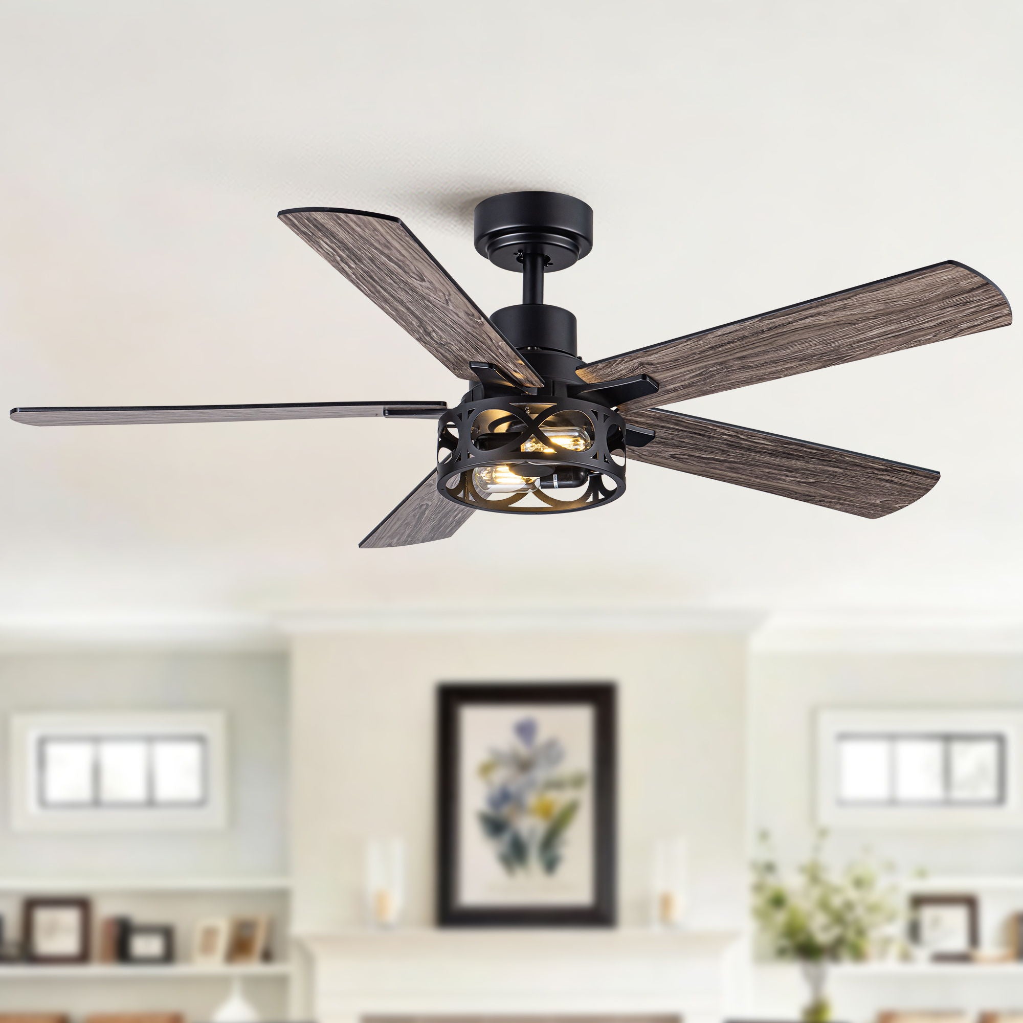 Ceiling Fan With Light, Dual‑Sided Matte Black & Wood Grain Blades - Black