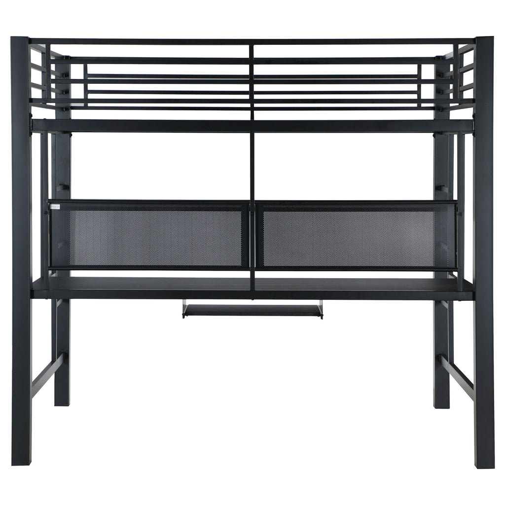 Ranier - Full Workstation Loft Bed, Full Length Desk, Safety Rails And Storage Shelves - Black