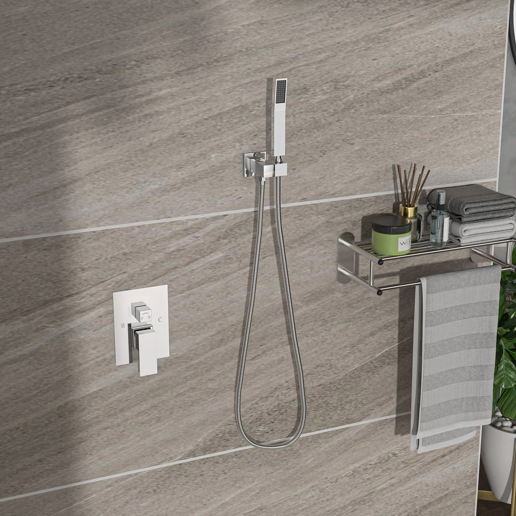 Modern Dual Shower Head System With 16" Ceiling Mount Finish, Stainless Steel And Brass