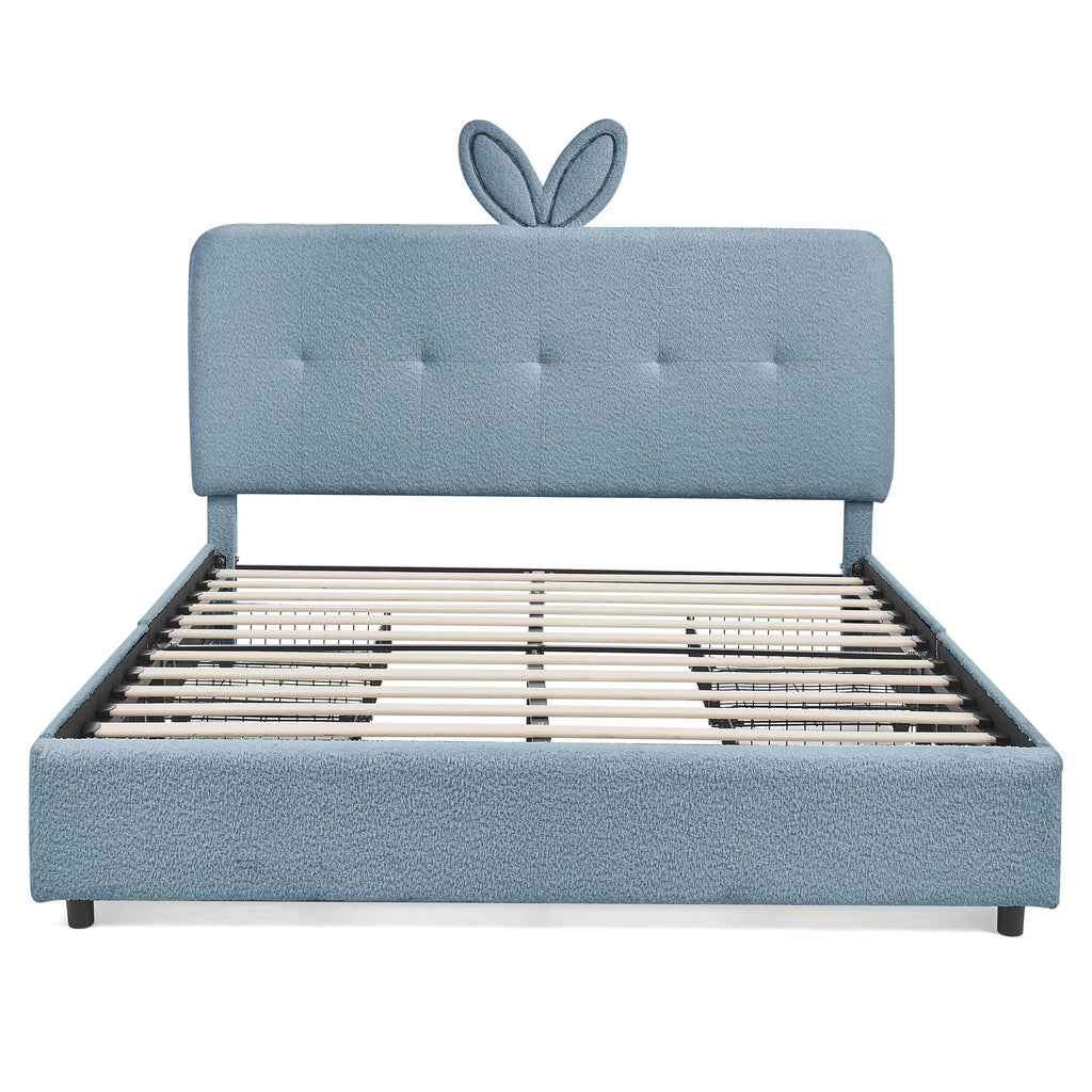 Upholstered Bed With Oversized Rabbit Ear Headboard, LED Lights & 4 Storage Drawers