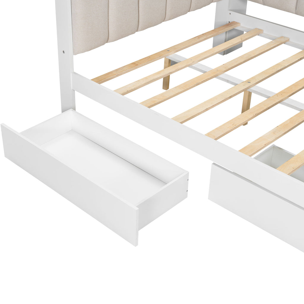 Daybed With Upholstered Headboard, Storage Shelves, Drawers, Charging Station, LED Light, And Adjustable Desk