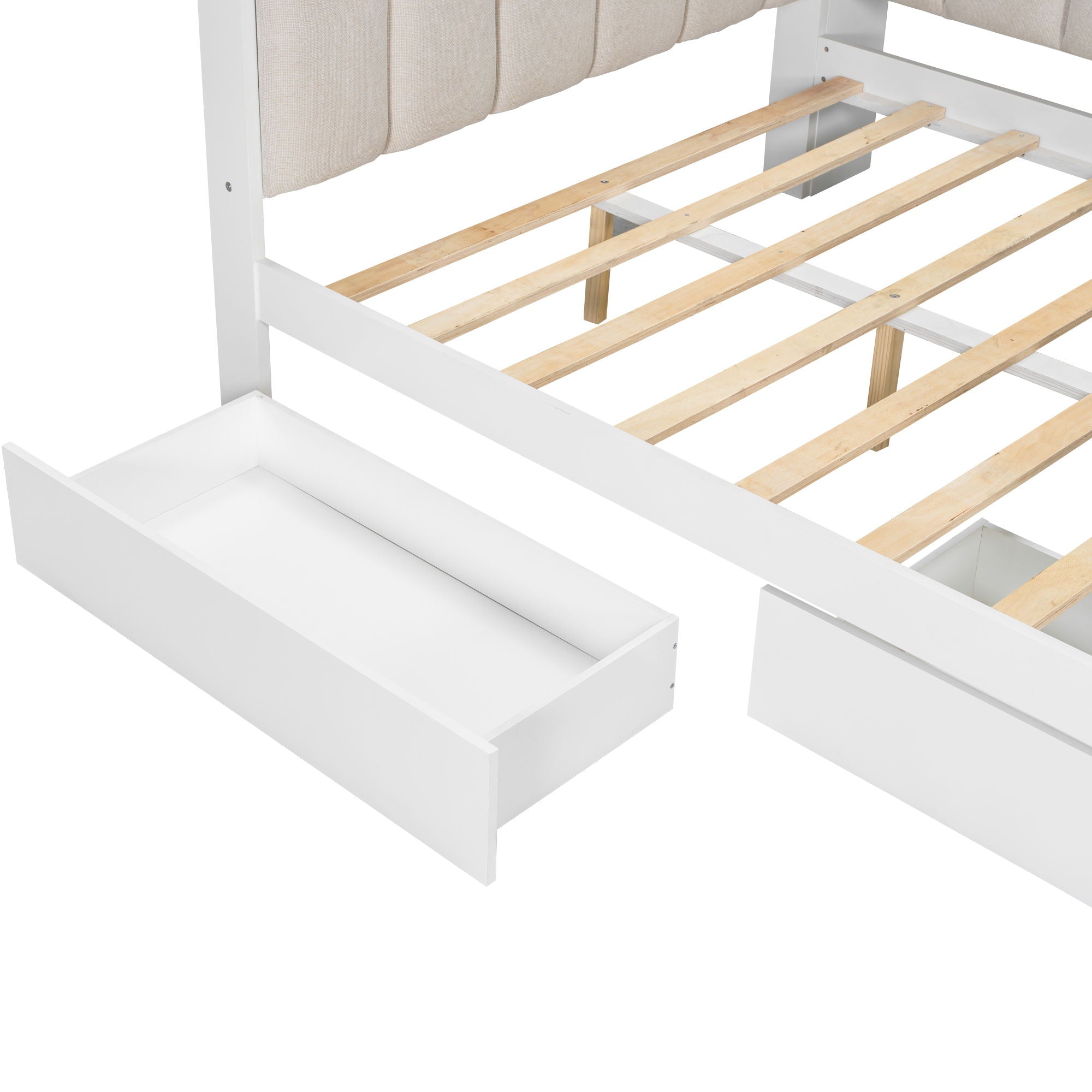 Daybed With Upholstered Headboard, Storage Shelves, Drawers, Charging Station, LED Light, And Adjustable Desk