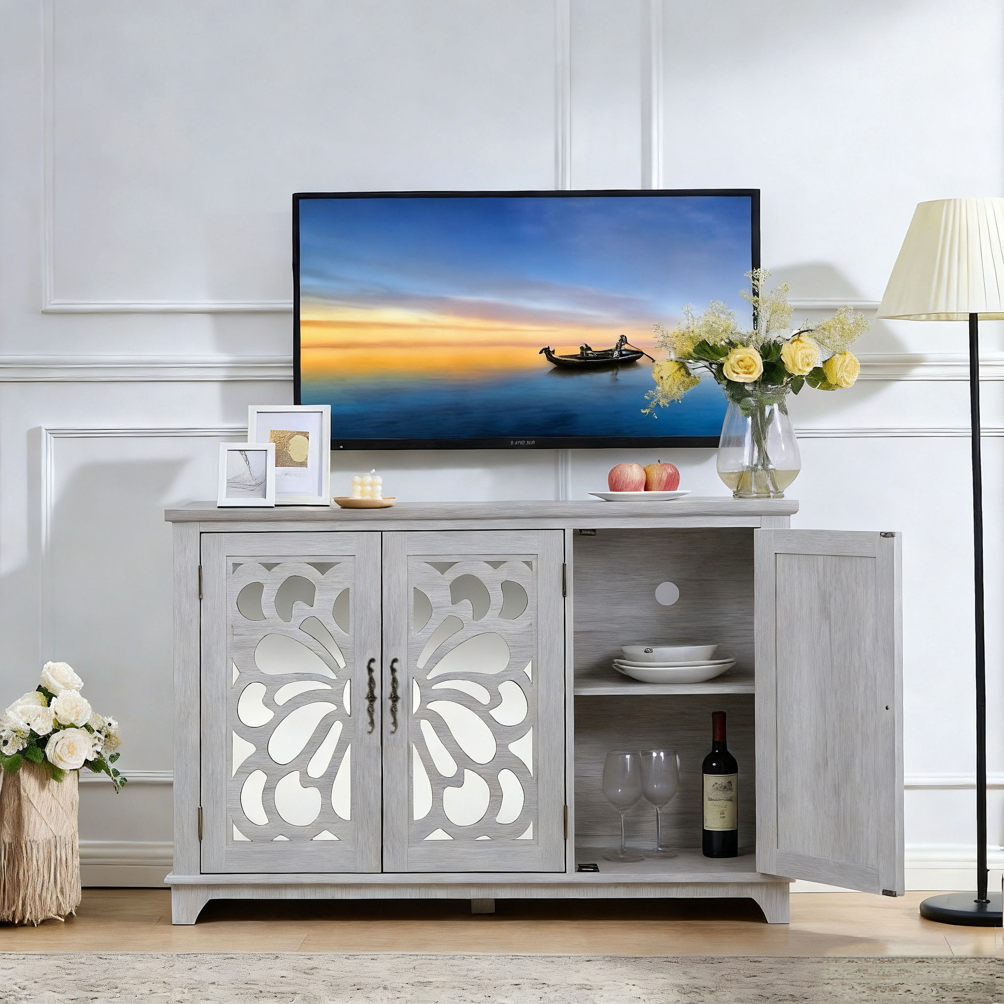 3 Door Mirrored Sideboard Cabinet With Adjustable Shelves