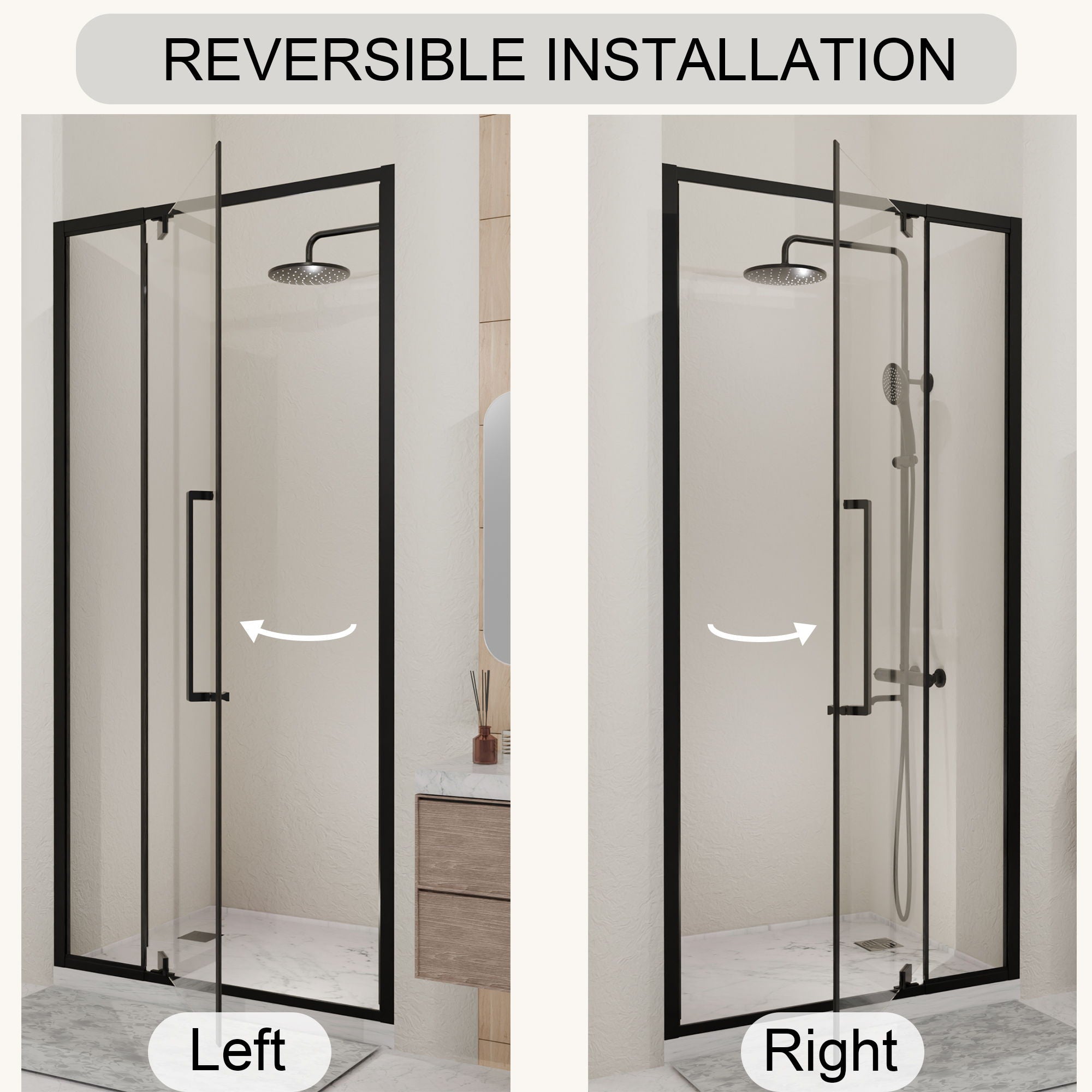 Semi Frameless Pivot Hinged Shower Door, Reversible Design