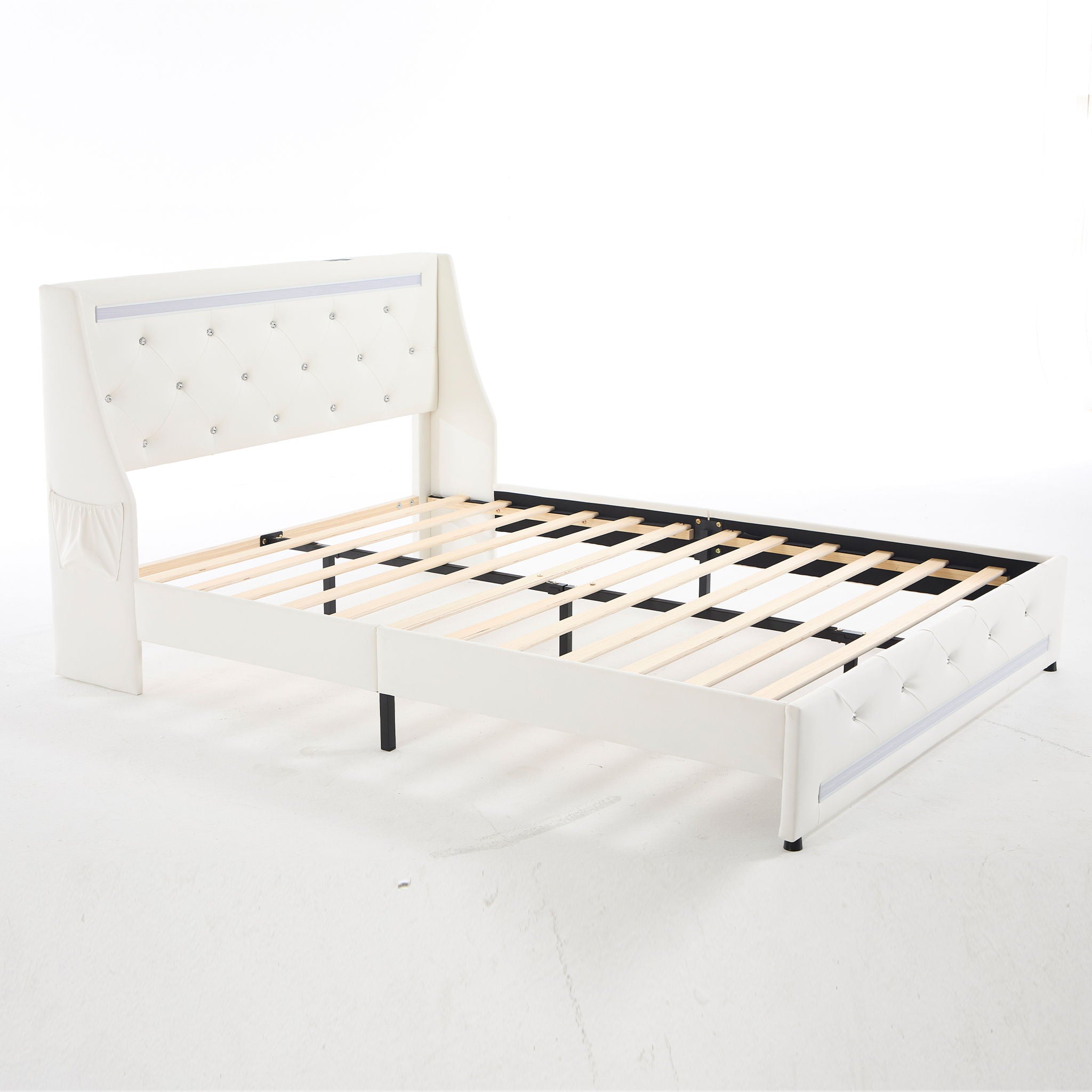 Wingback Upholstered Bed Frame With LED Lights, Charging Station