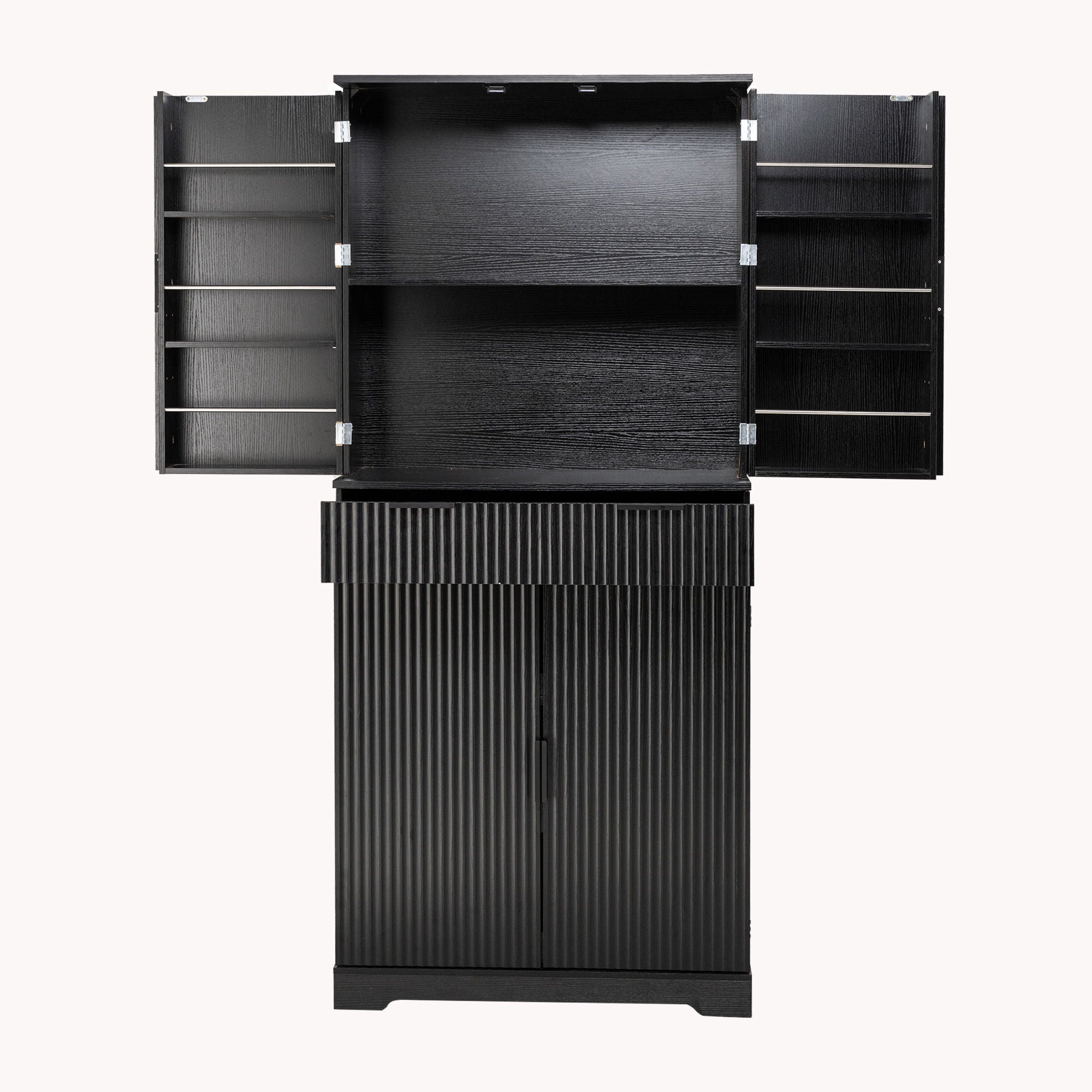 Fluted Kitchen Pantry Cabinet With 3 Keyboard Drawers & 6 Adjustable Door Shelves