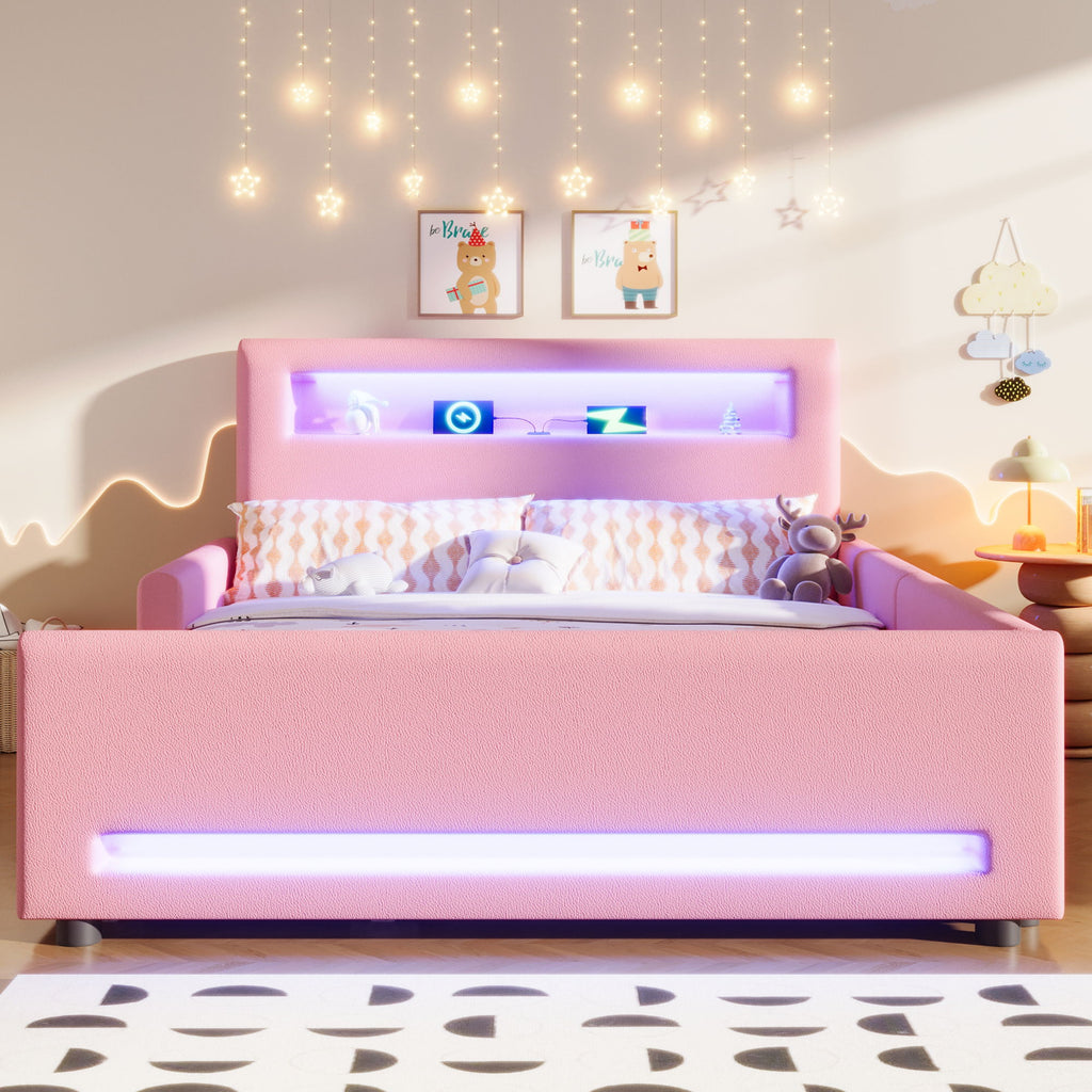 Upholstered Platform Bed With Drawer, LED Light Strip, USB Port