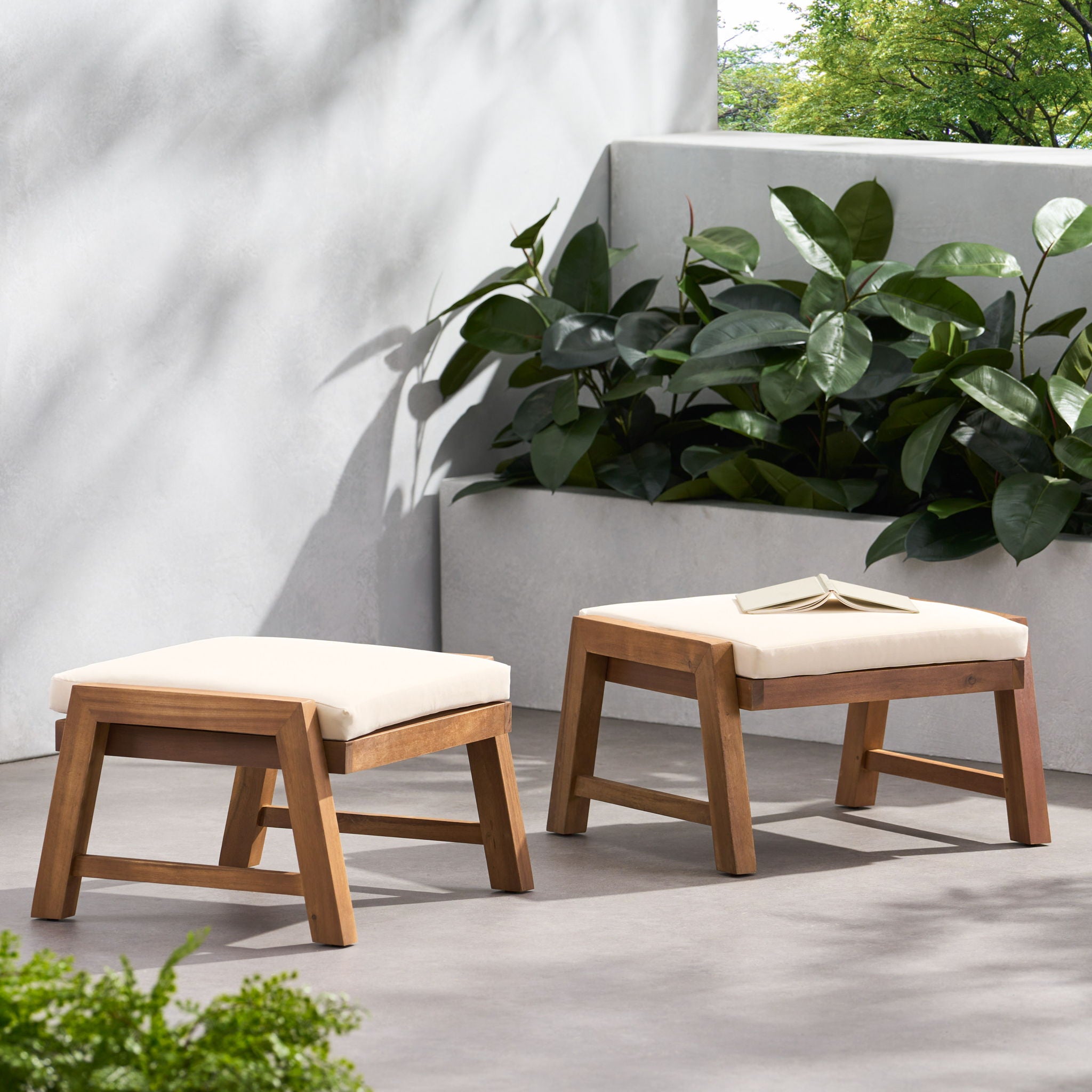 Acacia Wood Outdoor Ottomans With Cushion, (Set of 2)