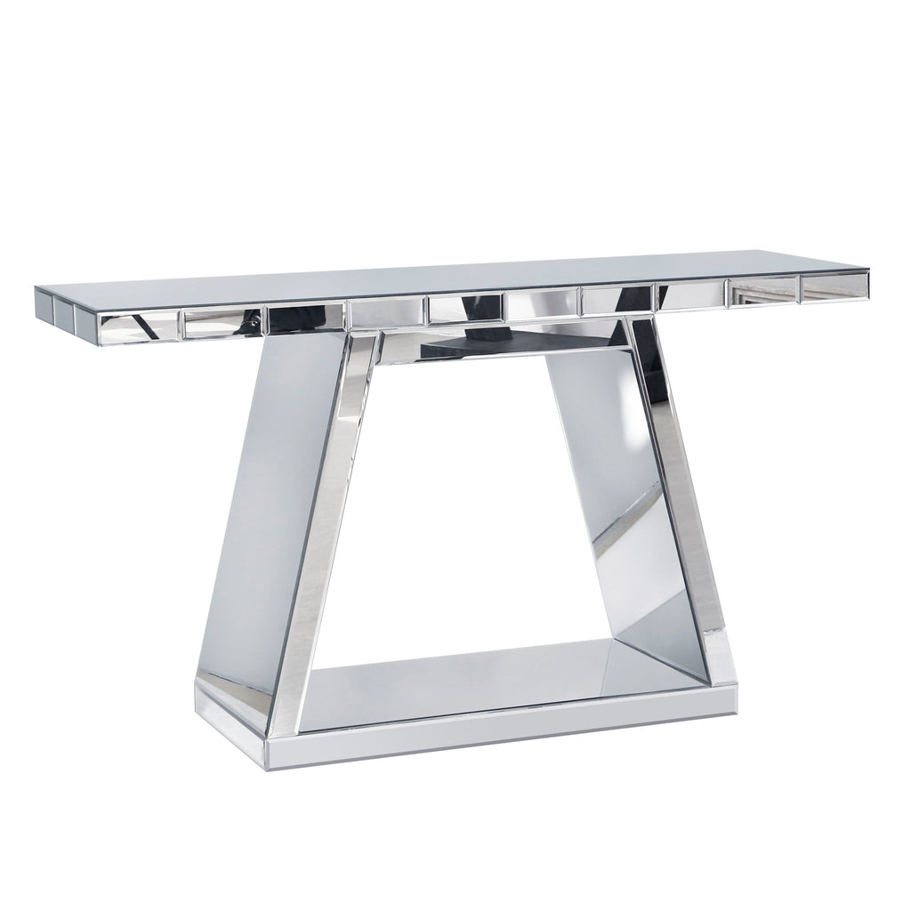 Modern Luxe Full Body Mirror Entryway Table With Trapezoid Base, 360° Reflective Console, Scratch Resistant, Open Storage - Silver