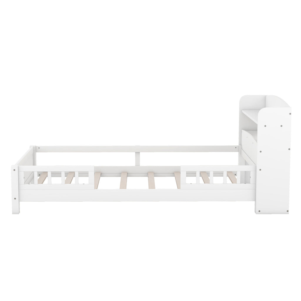 Wood Platform Bed With Built In LED Light, Storage Headboard And Guardrail