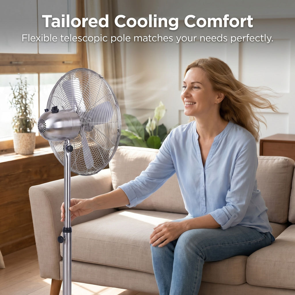 Stand Fan, 4 Blades, Rotary Knob Switch, Oscillation Function, Tilting Angle - Chrome