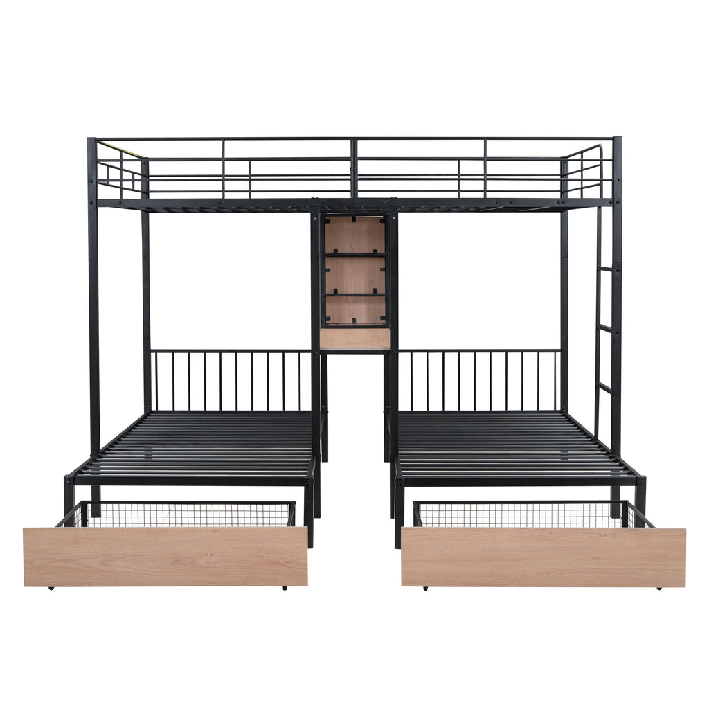 Triple Bunk Bed With Drawers, Multi-Functional Frame With Desks And Shelves In The Middle