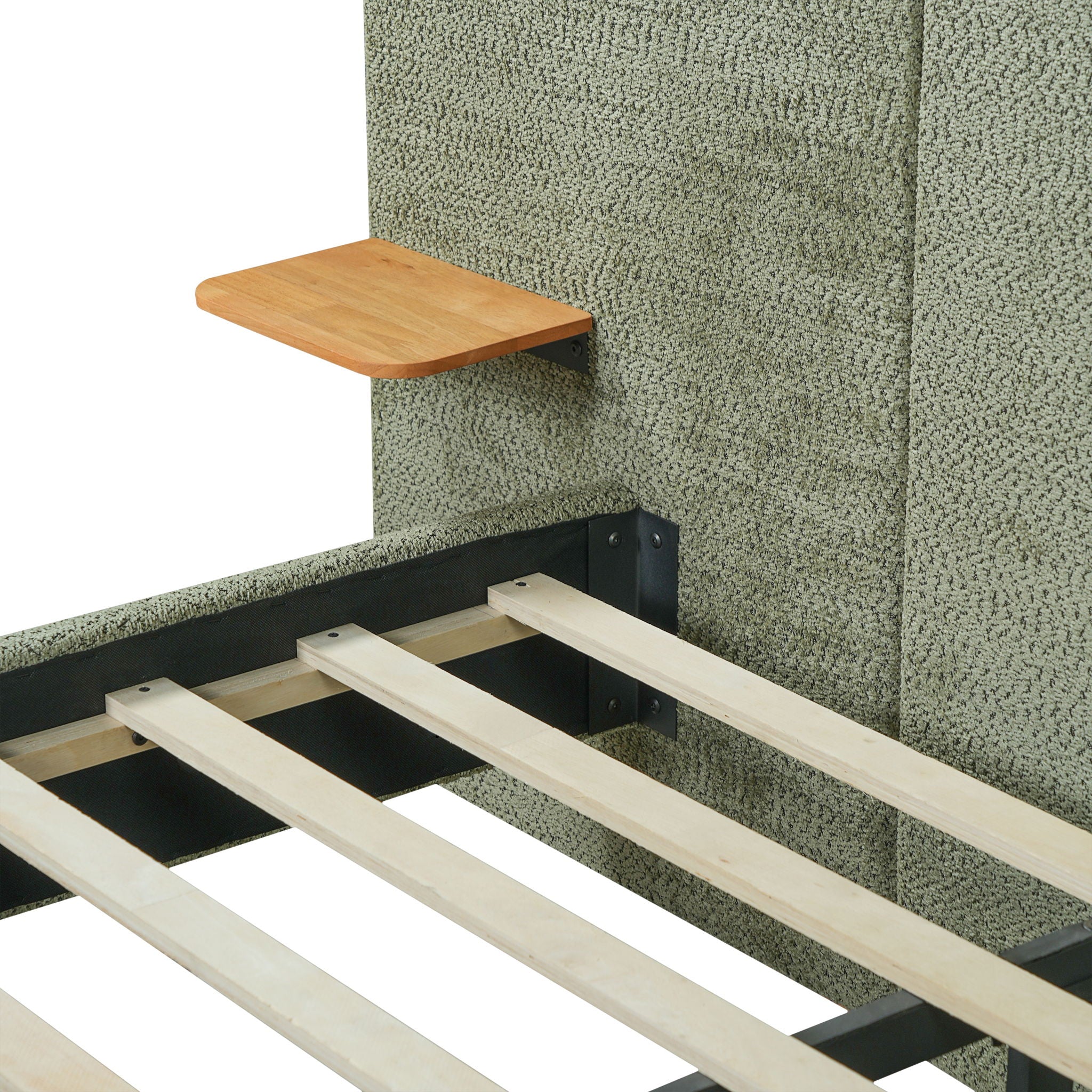 Upholstered Platform Bed Frame With Curved Headboard, Built-In Floating Shelves