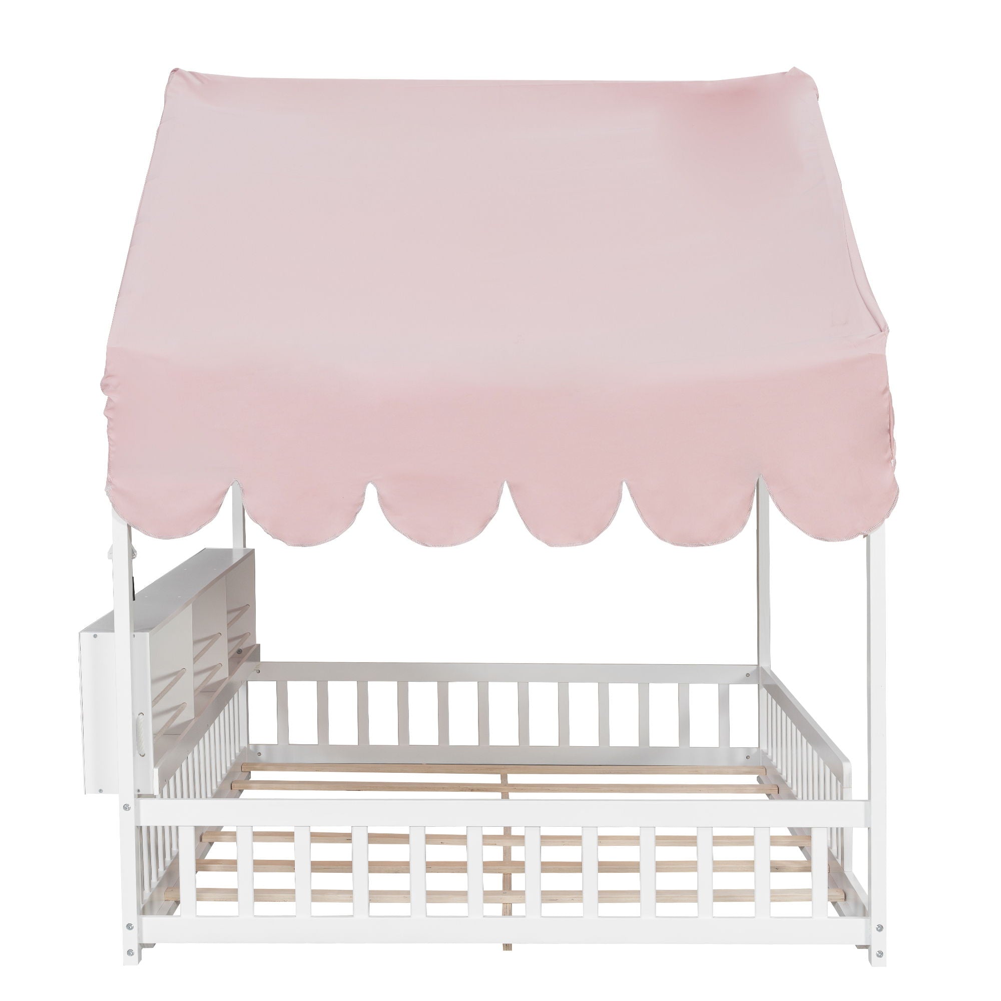 House Shaped Floor Bed With Fense, 3 Storage Bookshelves, Curtain And LED Light