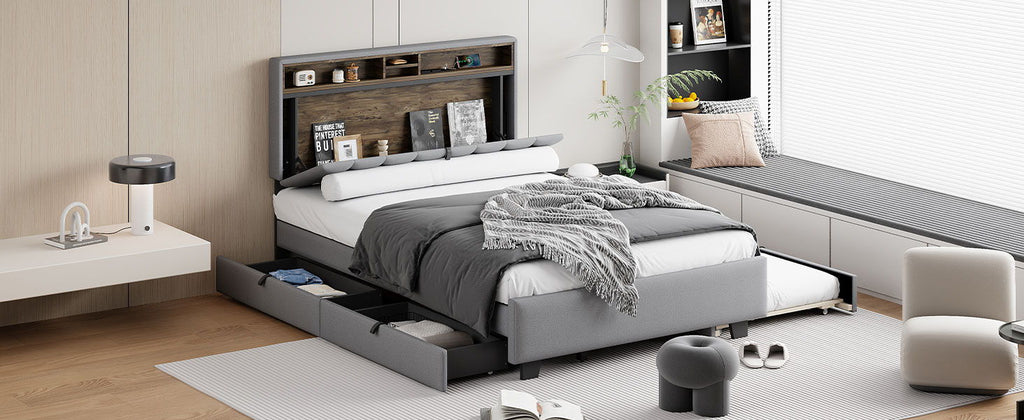 Upholstered Platform Bed With Storage Headboard, Trundle & 2 Drawers And A Set Of Sockets & USB Ports