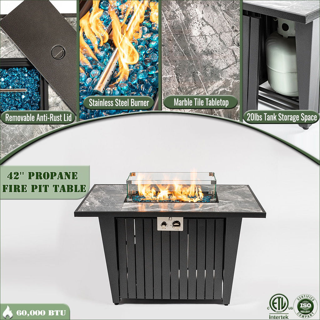Morden Steel Fire Pit Table With Marble Tile Tabletop, Glass Wind Guard And Lid