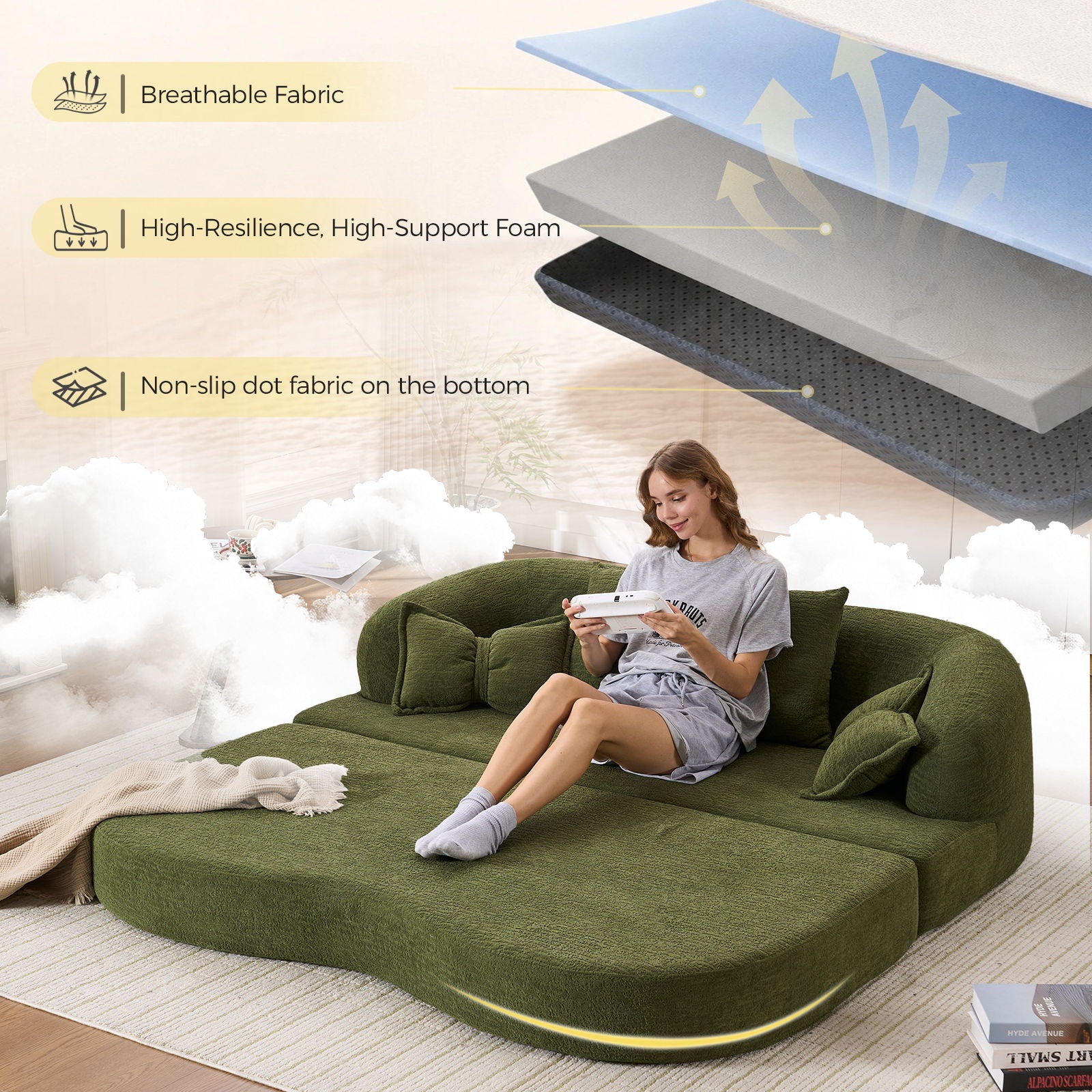 Foldable Sofa Bed, Boneless Couch Convertible Sleeper With 4 Pillows