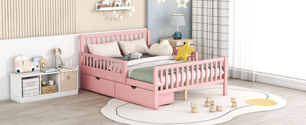 Platform Bed With Guardrails On Both Sides And 2 Storage Drawers