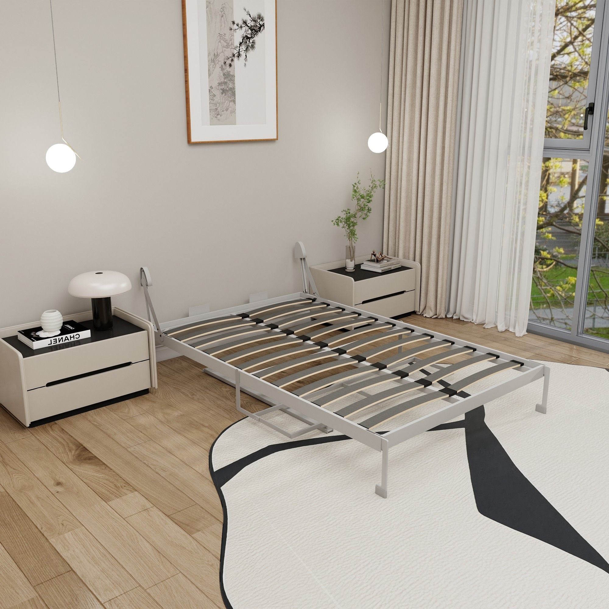 Queen Size Cabinet Wall Bed Mechanism With Desk Panel - Gray