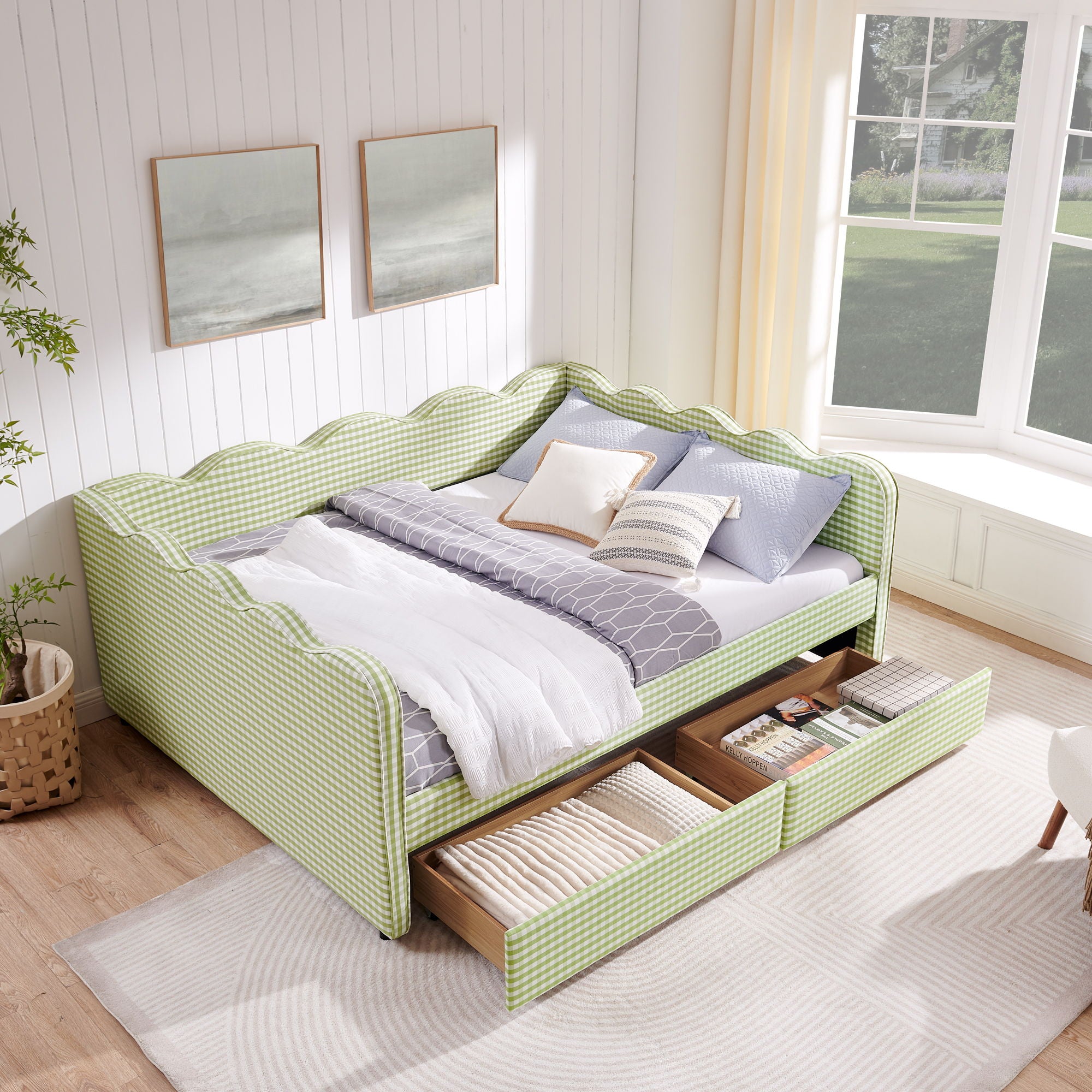 Gingham Daybed & USB Charging Port, Wave Shaped Design