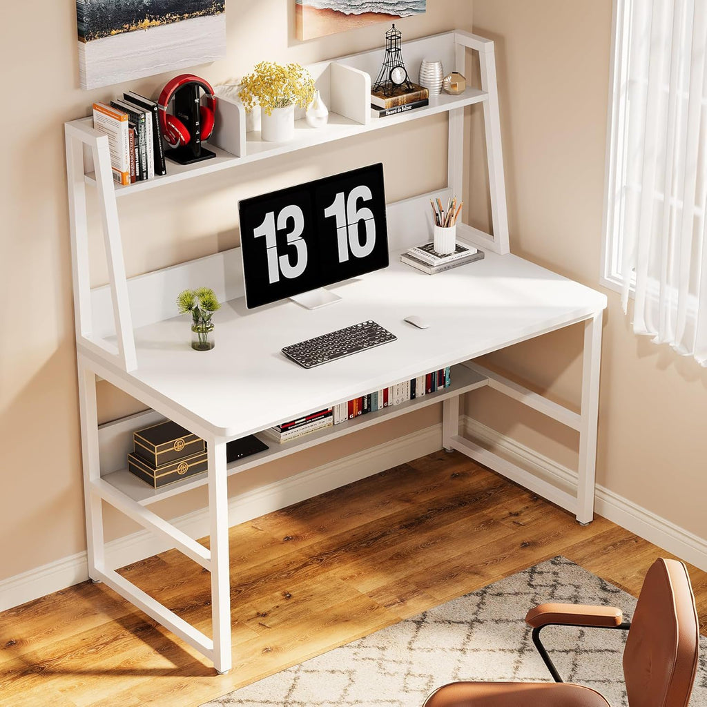 Computer Desk With Hutch And Bookshelf, Compact Home Office Workstation - White