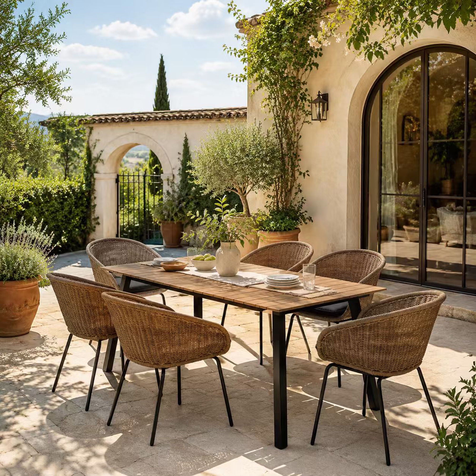 7 Piece Outdoor Patio Dining Set For 6, Conversation Set With Table & 6 Armchairs - Purple Pink Flower / Yellow