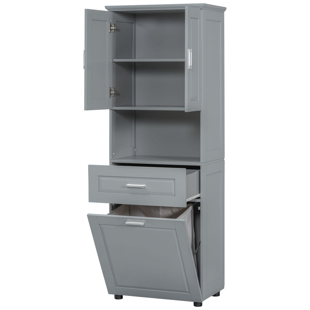 Tall Bathroom Cabinet With Tilt-Out Laundry Basket And Upper Storage