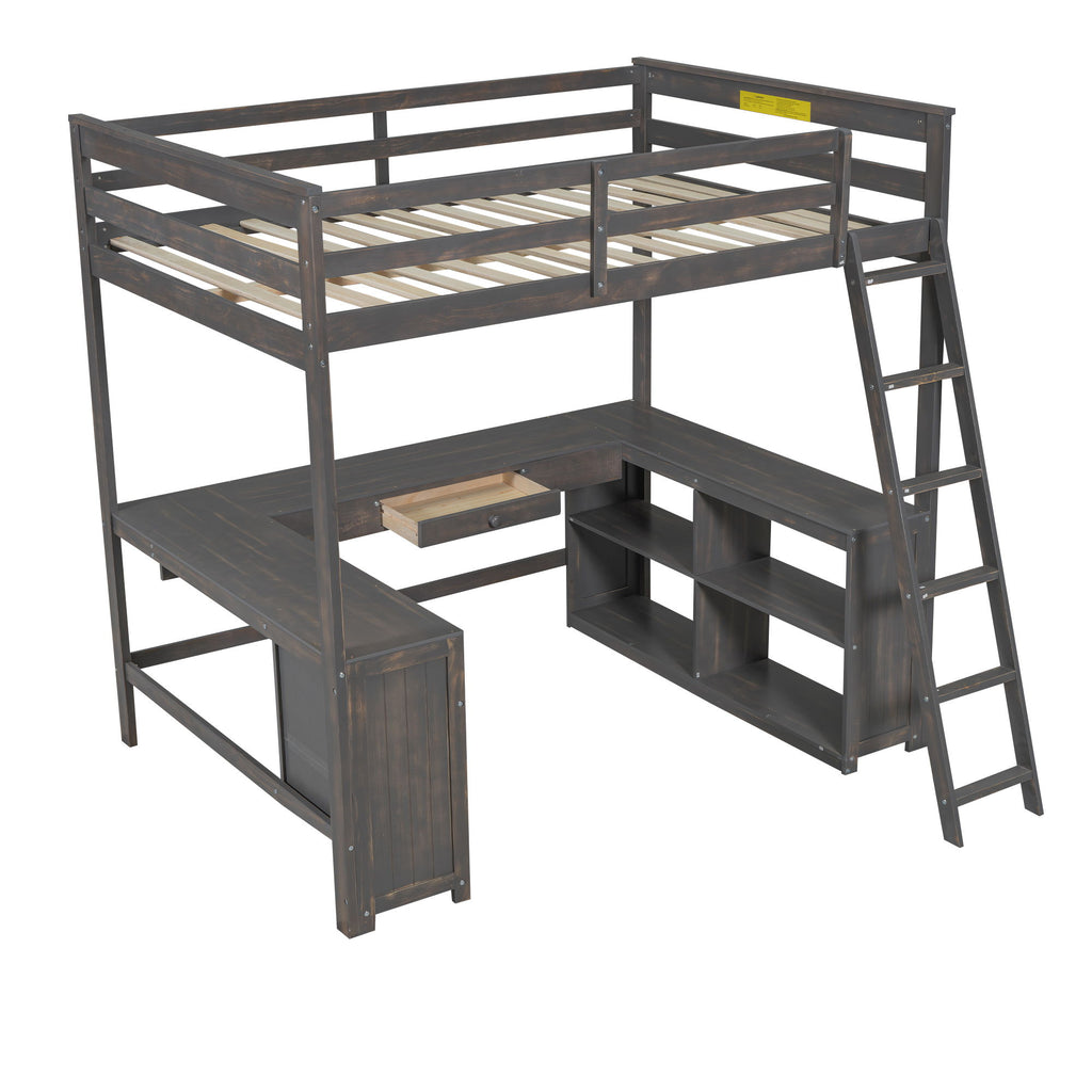 Loft Bed With U Shaped Desk, Drawers, And Storage Shelves