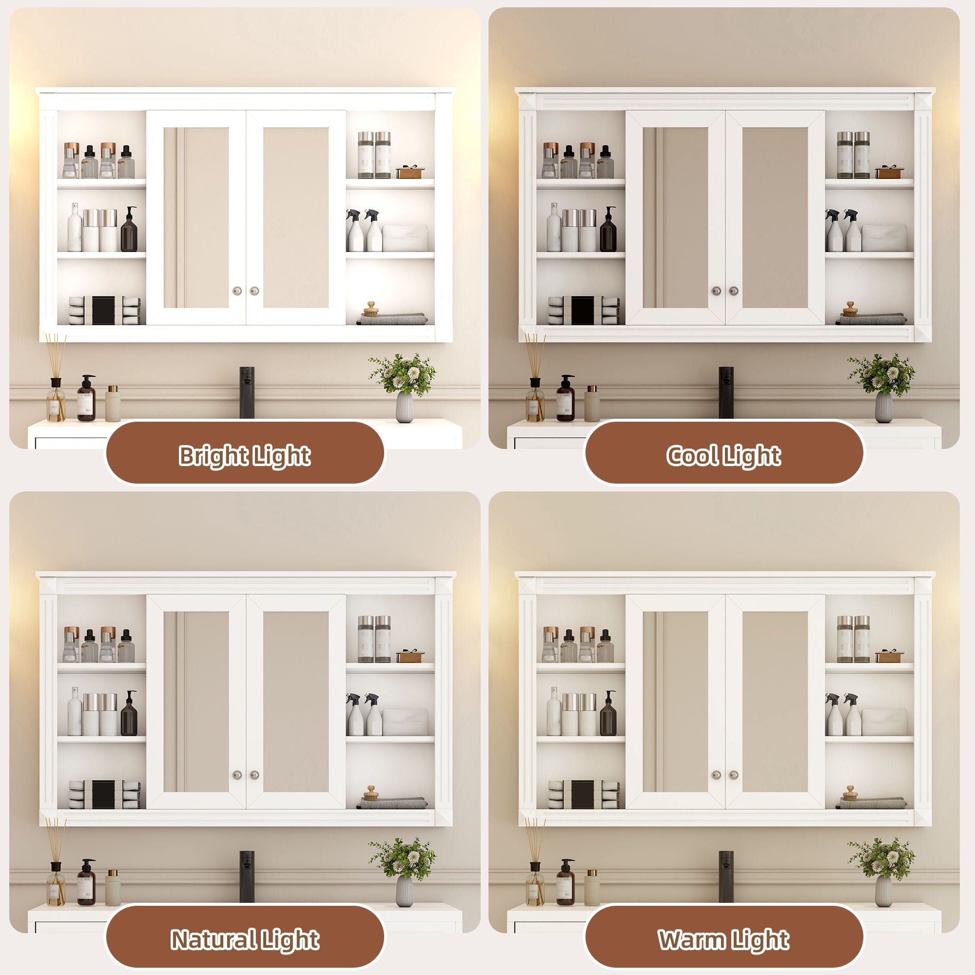 Wall-Mounted Mirror Cabinet With Adjustable Shelf And Open Shelves