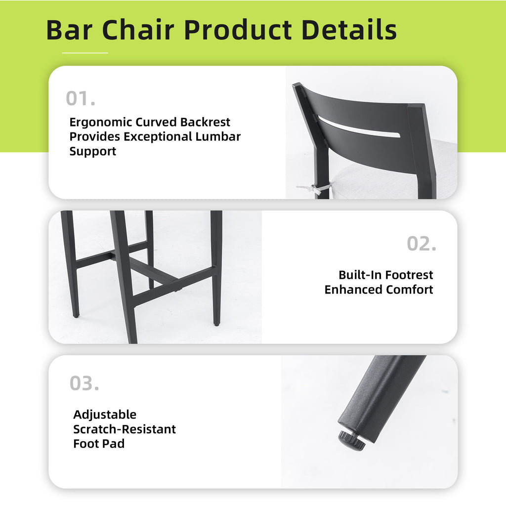 Modern Outdoor Patio Bar Set, Rounded Square Table & Bar Chairs, Non Rust Frame, Tapered Legs, Sunbrella Cushion