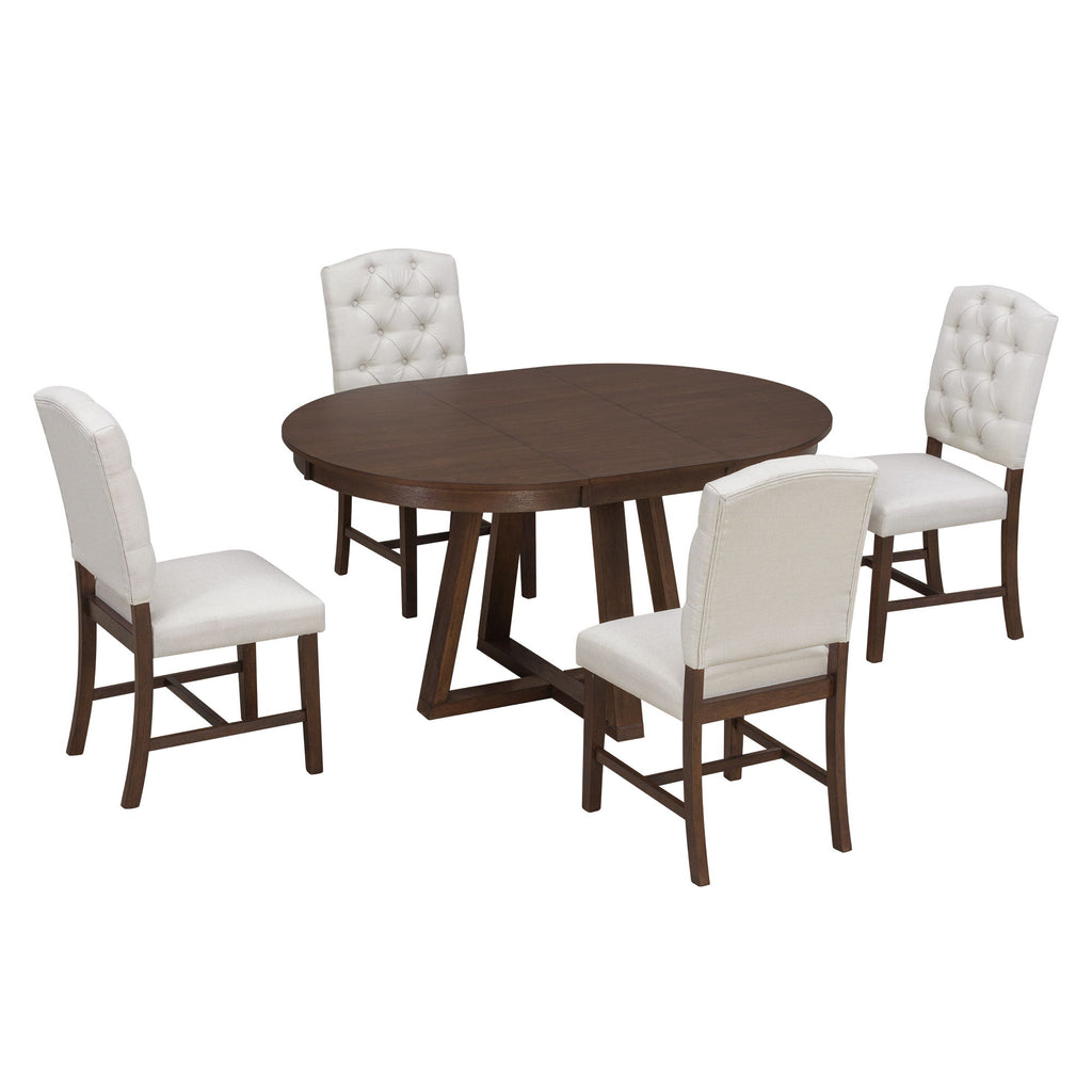 Dining Set With Leaf Round Table And 4 Upholstered Chairs