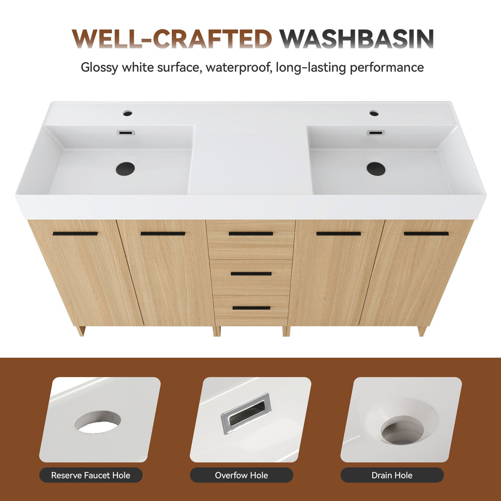 Double Sink Bathroom Vanity With 3 Drawers, Large Storage, Integrated Sink, Freestanding Cabinet, Soft Close Hardware - Glossy White / Light Oak