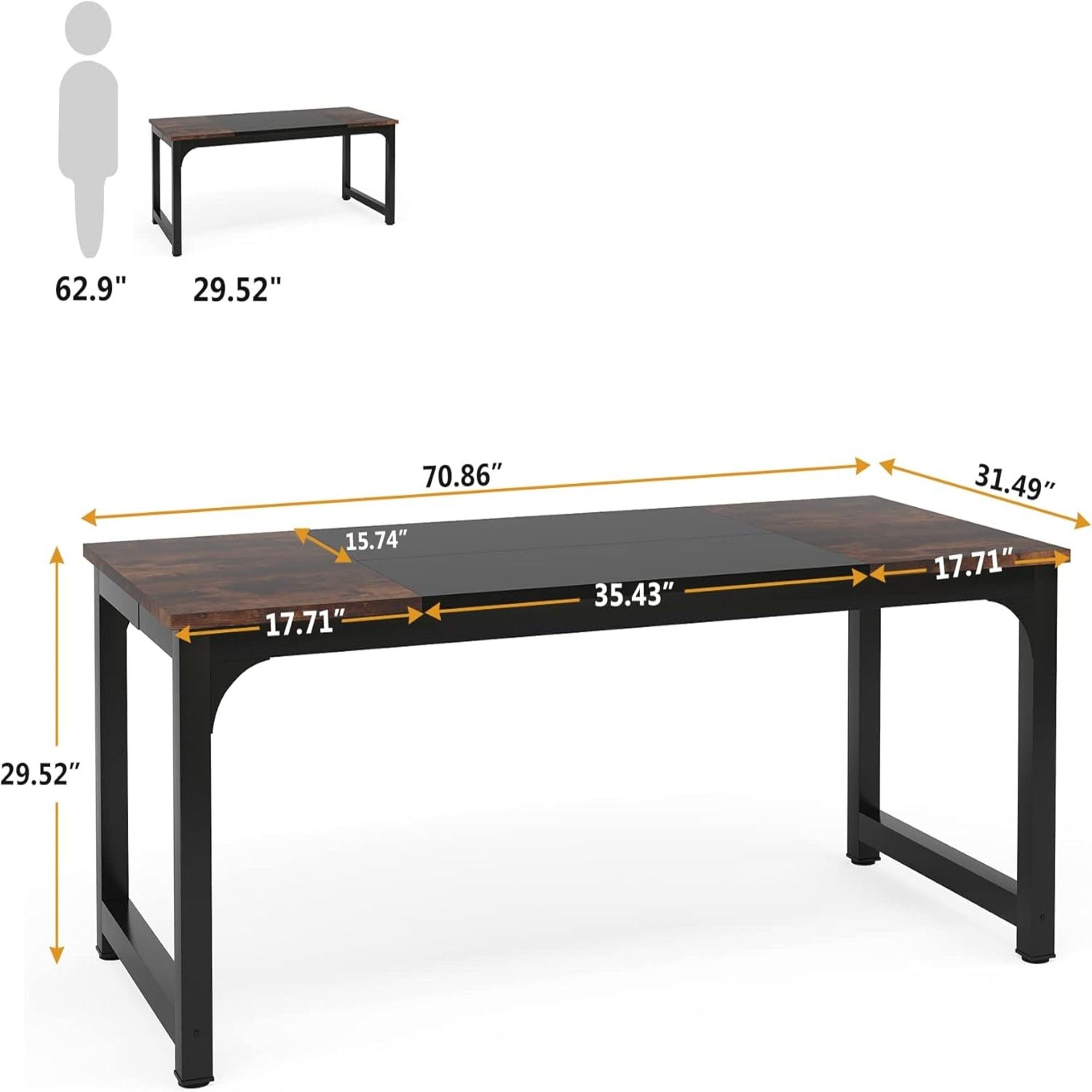 Executive Office Desk, Large Computer Workstation With Thick Frame - Brown / Black